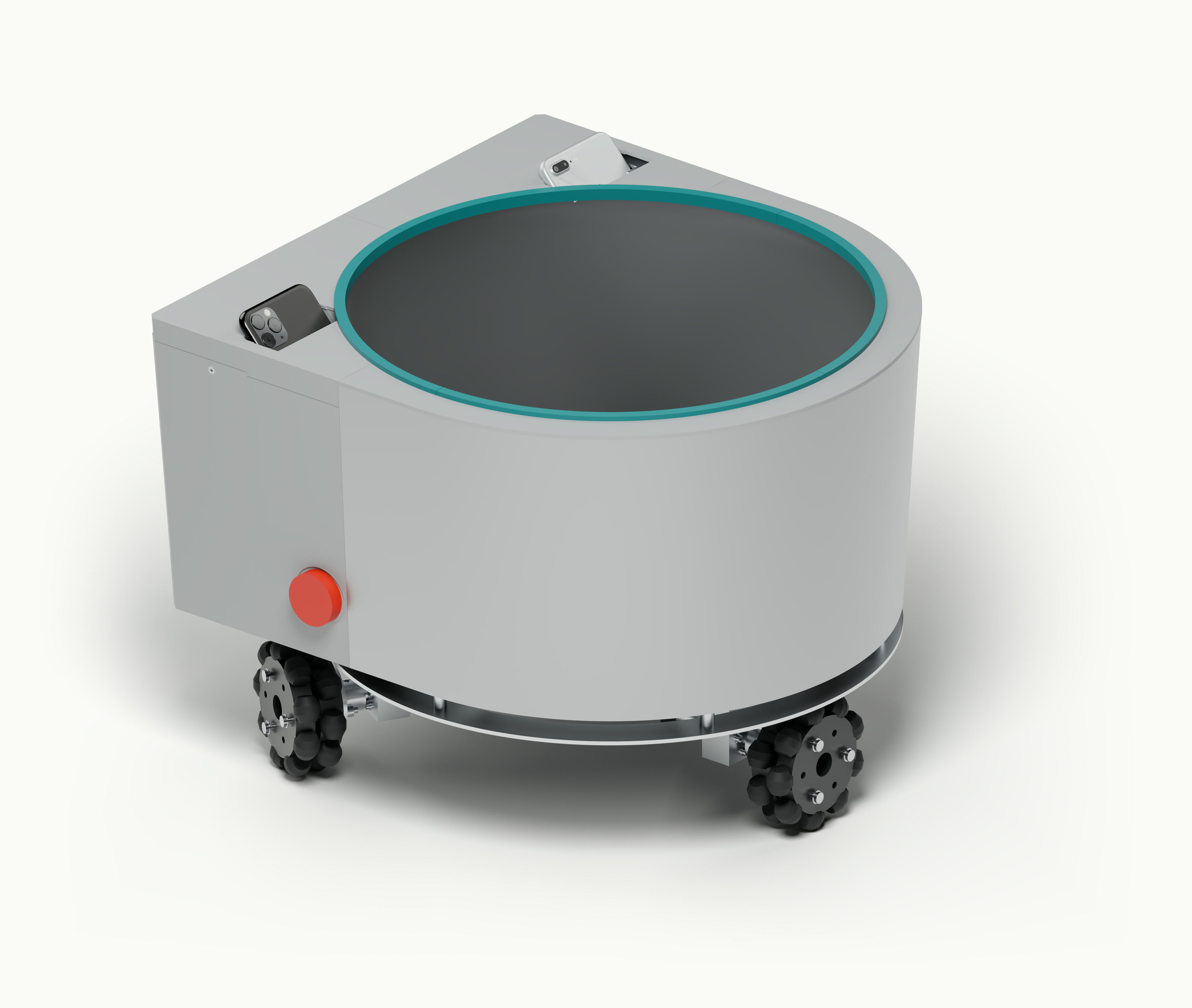 CAD render of the gray autonomous catching robot, with a blue rim, black and silver phone cameras, and three omni wheels.