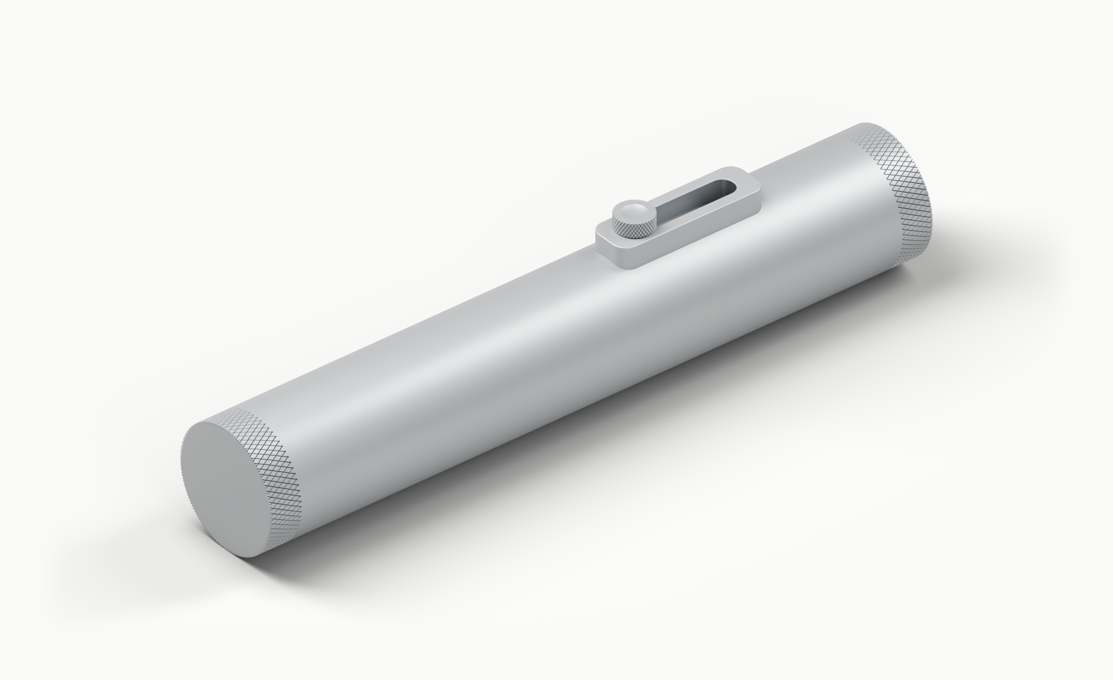 Assembled light silver aluminum flashlight with knurled end caps, a magnetic slider, and matte portfolio-blue plastic, on the portfolio studio background.