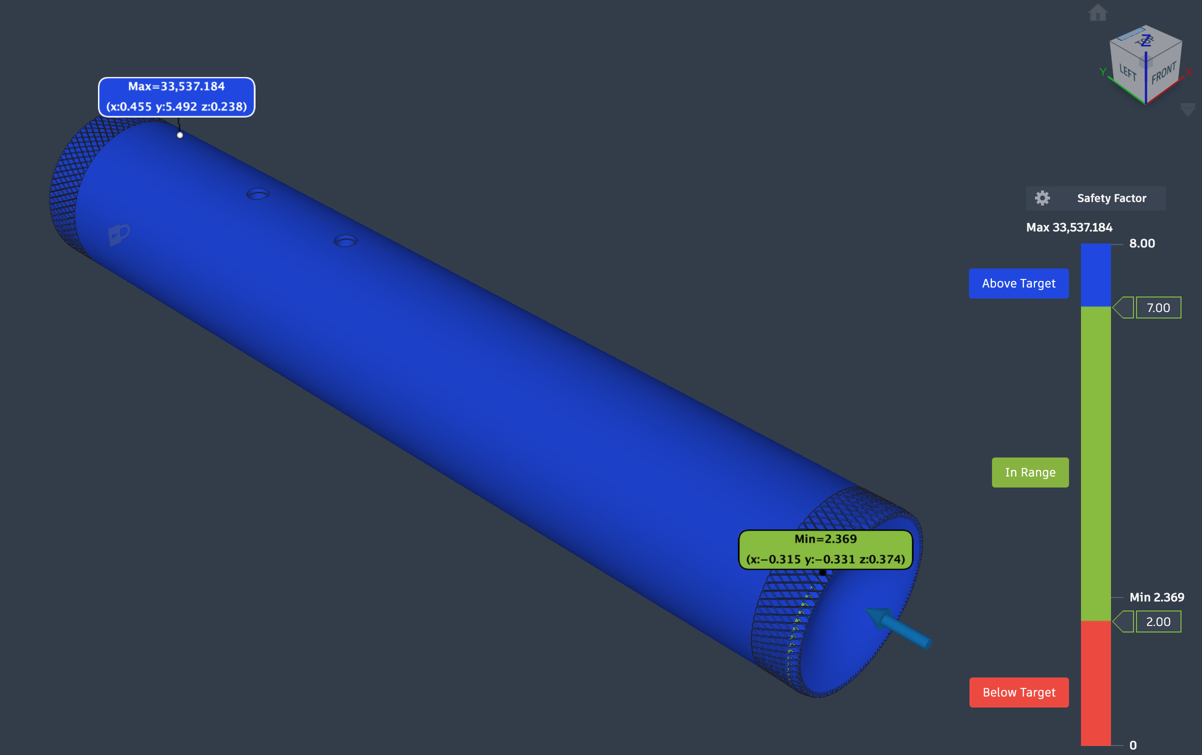 FEA safety factor plot showing the body and caps under a simulated 1.5m drop impact