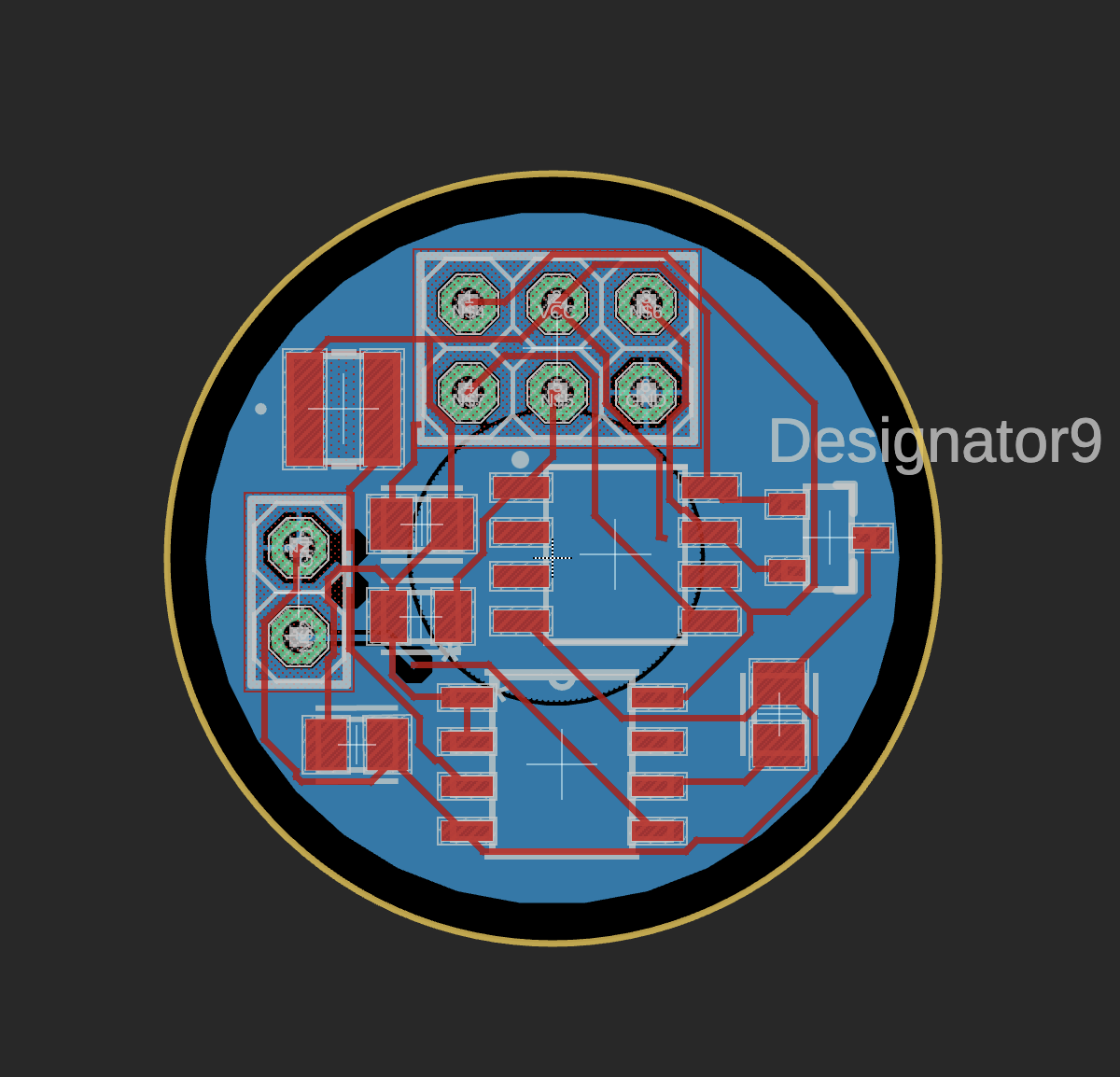 PCB layout showing split ground pour and component placement within the bore envelope