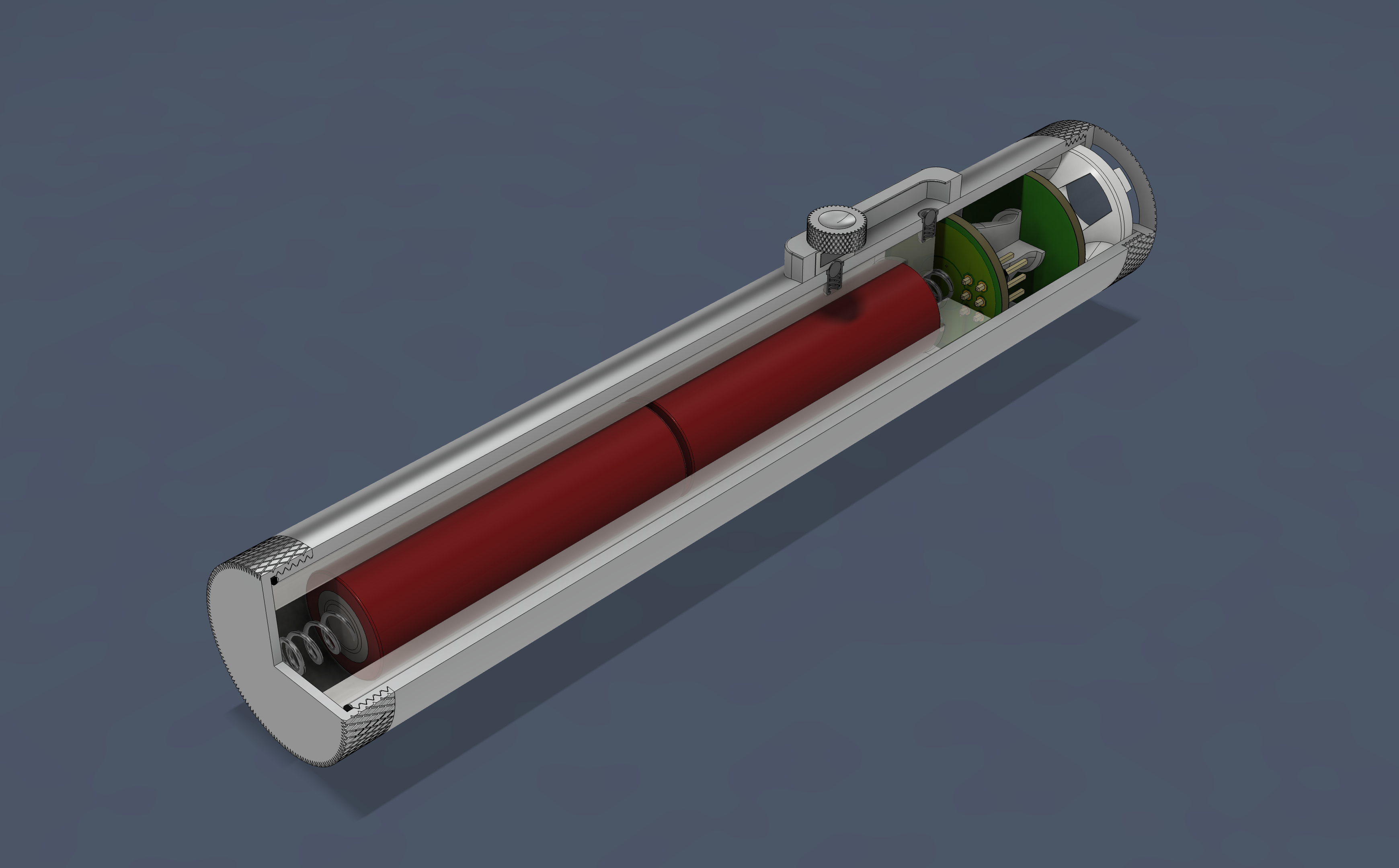 Longitudinal cross section showing the bore, batteries, PCB, spacers, and sealed end caps