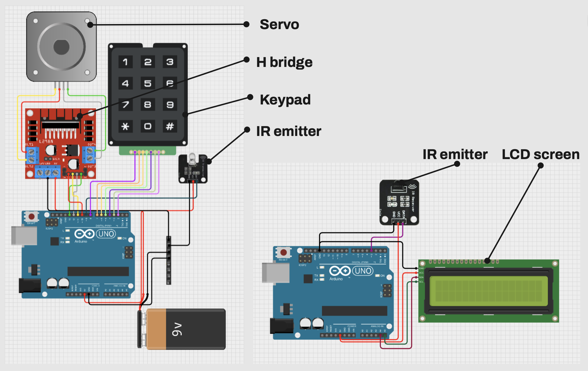 Circuit diagram showing transmitter (left) and receiver (right) wiring